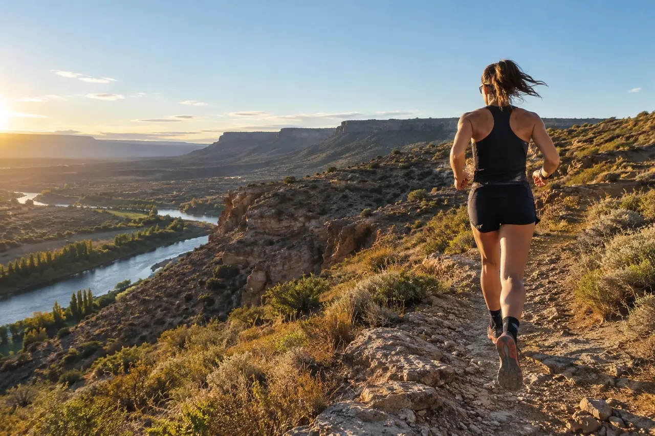 Una persona corriendo por un sendero de la meseta patagónica al atardecer, con un río al fondo